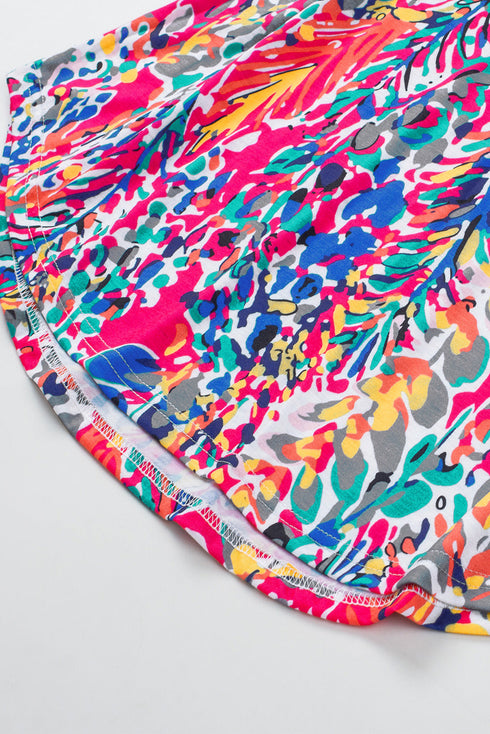 Abstract Floral Ruffle Sleeve Relaxed V Neck Tank Top