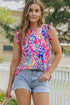 Abstract Floral Ruffle Sleeve Relaxed V Neck Tank Top
