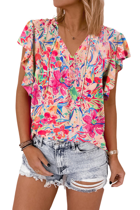 Abstract Floral Ruffle Sleeve V Neck Blouse