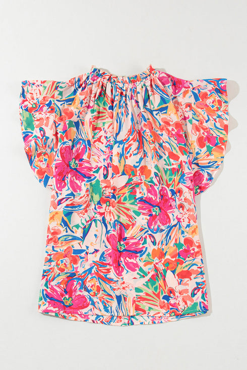 Abstract Floral Ruffle Sleeve V Neck Blouse