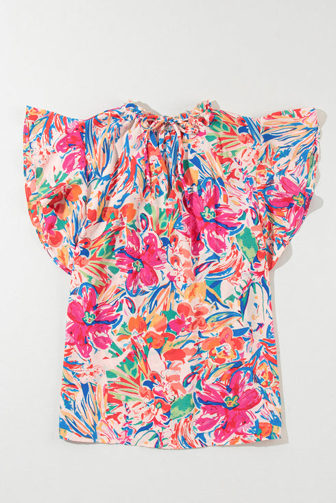 Abstract Floral Ruffle Sleeve V Neck Blouse