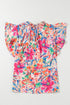 Abstract Floral Ruffle Sleeve V Neck Blouse