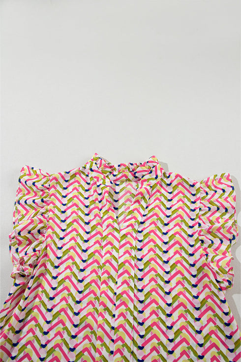 Abstract Floral Ruffle Sleeve V Neck Blouse