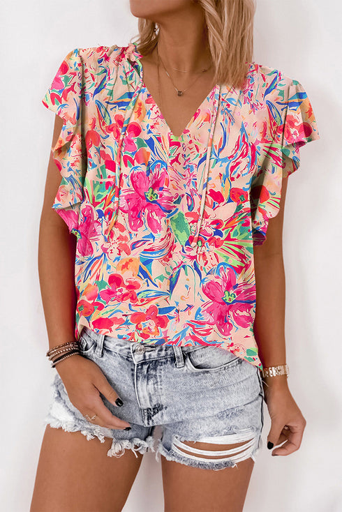 Abstract Floral Ruffle Sleeve V Neck Blouse