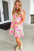 Abstract Floral Ruffle Trim Flutter Sleeve Buttoned Dress