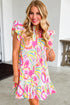 Abstract Floral Ruffle Trim Flutter Sleeve Buttoned Dress