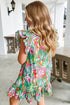 Abstract Floral Ruffle Trim Flutter Sleeve Buttoned Dress
