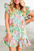 Abstract Floral Ruffle Trim Flutter Sleeve Buttoned Dress