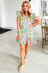Abstract Floral Ruffle Trim Flutter Sleeve Buttoned Dress