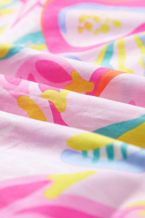 Abstract Floral Ruffle Trim Flutter Sleeve Buttoned Dress