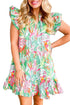 Abstract Floral Ruffle Trim Flutter Sleeve Buttoned Dress