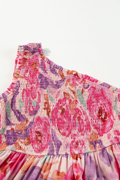 Abstract Floral Shirred One Shoulder Maxi Dress