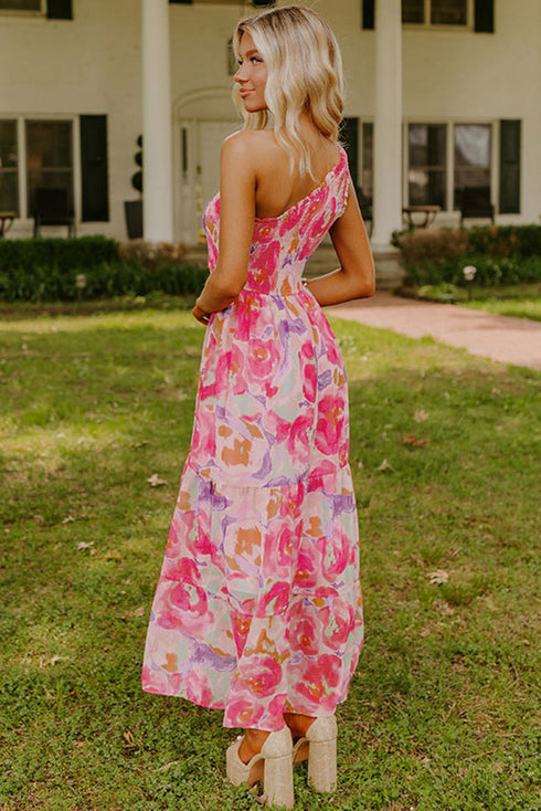 Abstract Floral Shirred One Shoulder Maxi Dress