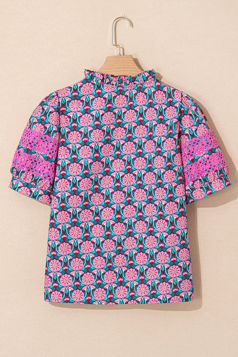 Abstract Floral V Neck Ruffle Puff Sleeve Blouse