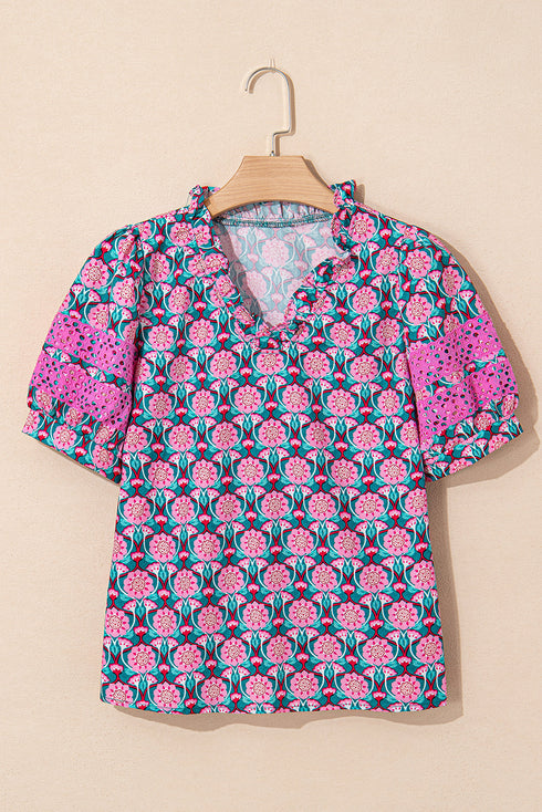 Abstract Floral V Neck Ruffle Puff Sleeve Blouse