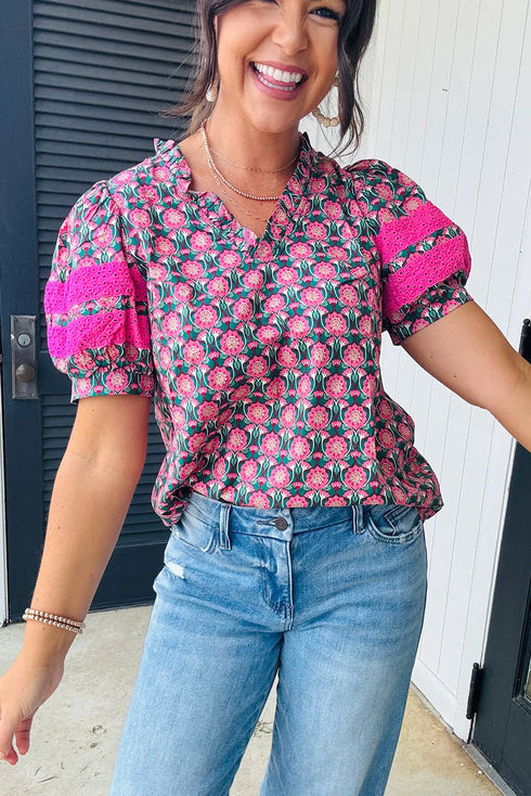 Abstract Floral V Neck Ruffle Puff Sleeve Blouse