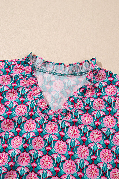 Abstract Floral V Neck Ruffle Puff Sleeve Blouse