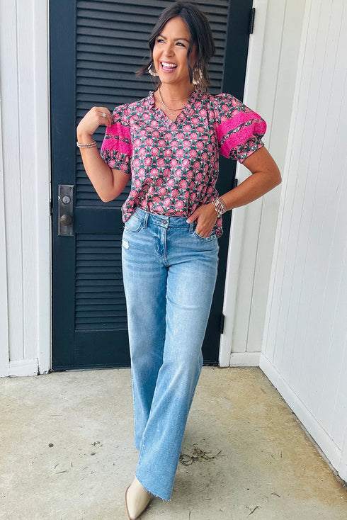 Abstract Floral V Neck Ruffle Puff Sleeve Blouse