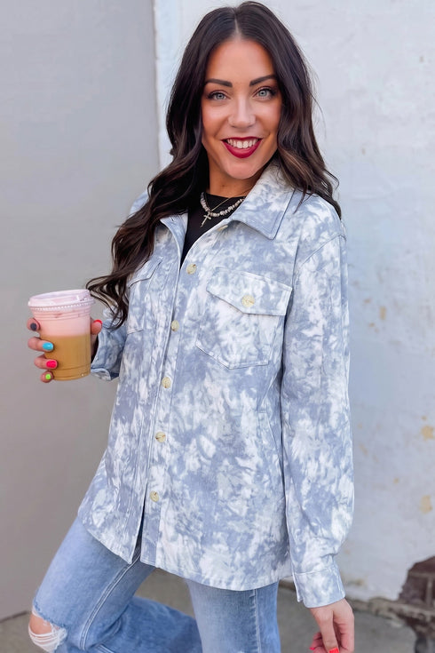 Abstract Fuzzy Collar Patch Pocket Long Sleeve Tunic Jacket