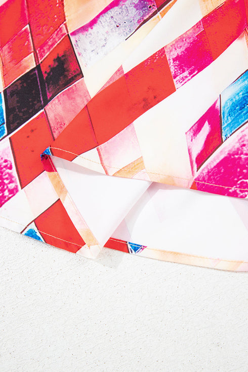 Abstract Geometric Patchwork Puff Sleeve Split Neck Blouse