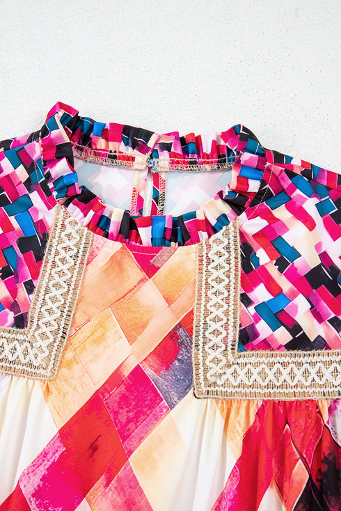 Abstract Geometric Patchwork Puff Sleeve Split Neck Blouse