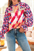 Abstract Geometric Patchwork Puff Sleeve Split Neck Blouse