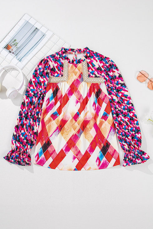 Abstract Geometric Patchwork Puff Sleeve Split Neck Blouse