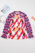 Abstract Geometric Patchwork Puff Sleeve Split Neck Blouse
