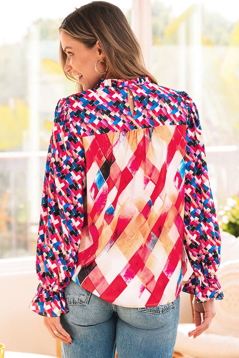 Abstract Geometric Patchwork Puff Sleeve Split Neck Blouse