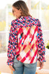 Abstract Geometric Patchwork Puff Sleeve Split Neck Blouse