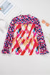 Abstract Geometric Patchwork Puff Sleeve Split Neck Blouse