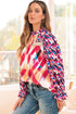 Abstract Geometric Patchwork Puff Sleeve Split Neck Blouse