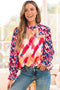 Abstract Geometric Patchwork Puff Sleeve Split Neck Blouse