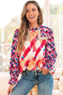 Abstract Geometric Patchwork Puff Sleeve Split Neck Blouse