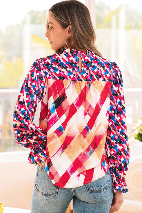 Abstract Geometric Patchwork Puff Sleeve Split Neck Blouse