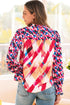 Abstract Geometric Patchwork Puff Sleeve Split Neck Blouse