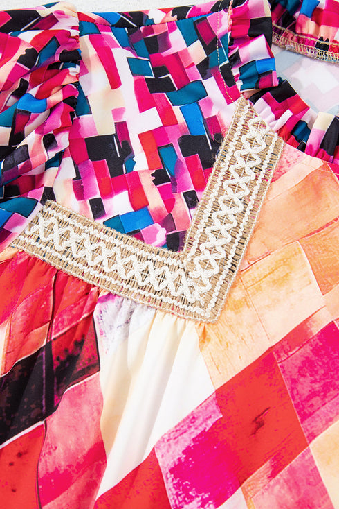 Abstract Geometric Patchwork Puff Sleeve Split Neck Blouse