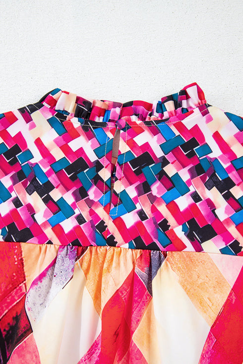 Abstract Geometric Patchwork Puff Sleeve Split Neck Blouse