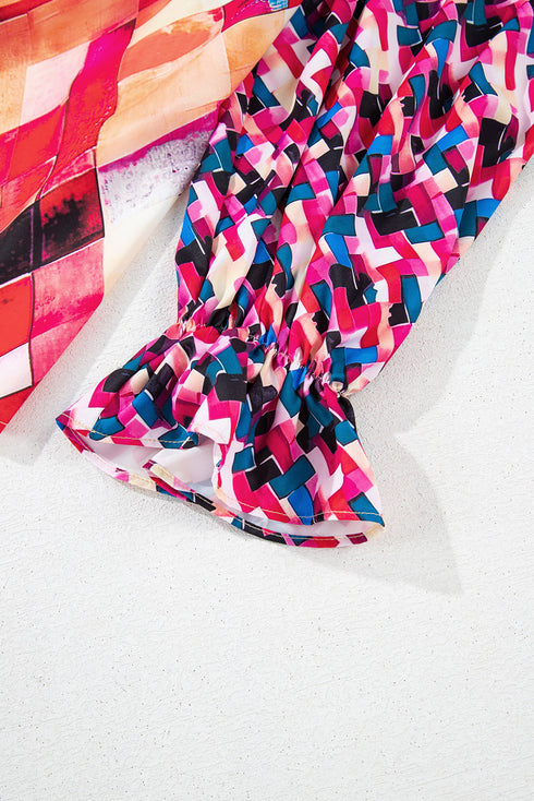 Abstract Geometric Patchwork Puff Sleeve Split Neck Blouse