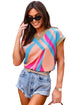 Abstract Geometric Pattern V Neck Short Sleeve Blouse