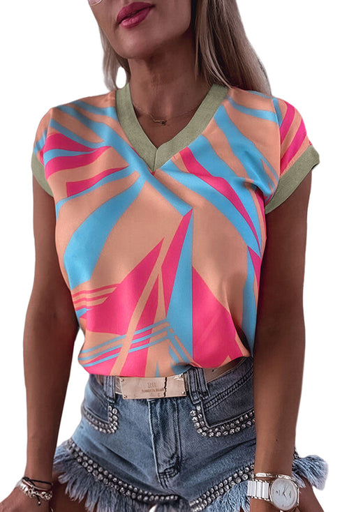 Abstract Geometric Pattern V Neck Short Sleeve Blouse