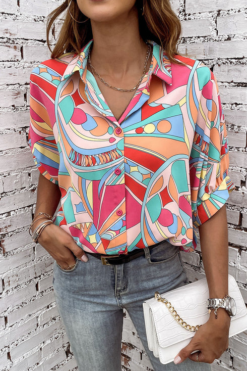 Abstract Geometric Print Relaxed Fit Button Up Shirt