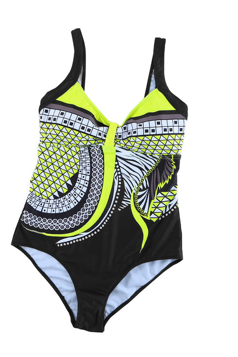 Abstract Geometric Print Ruched Bust One Piece Swimsuit