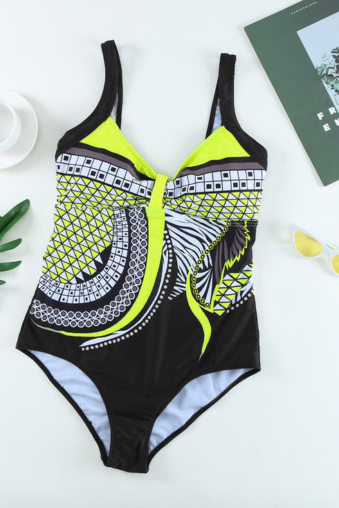 Abstract Geometric Print Ruched Bust One Piece Swimsuit