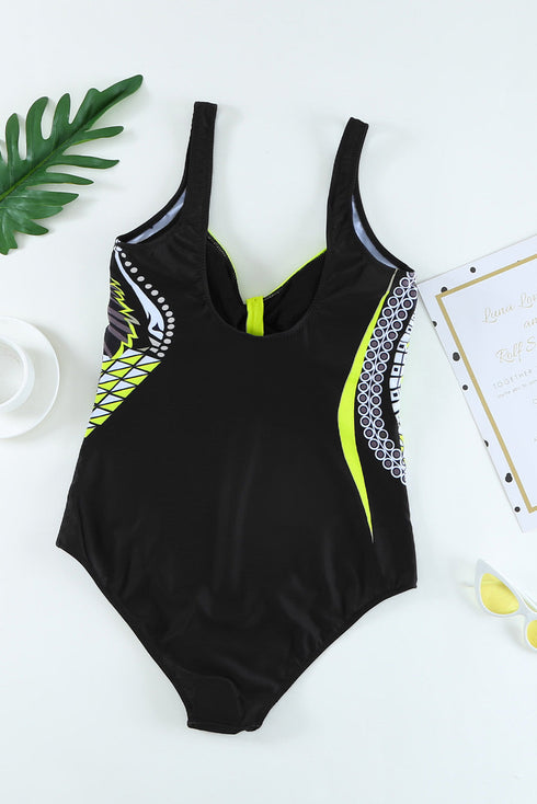 Abstract Geometric Print Ruched Bust One Piece Swimsuit