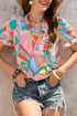 Abstract Geometric Print Ruffle Trim V Neck Blouse