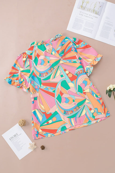Abstract Geometric Print Ruffle Trim V Neck Blouse