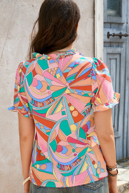 Abstract Geometric Print Ruffle Trim V Neck Blouse