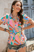 Abstract Geometric Print Ruffle Trim V Neck Blouse