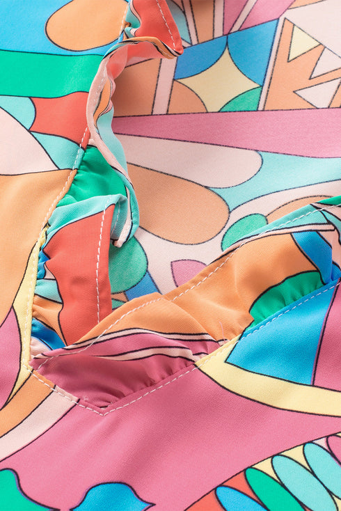 Abstract Geometric Print Ruffle Trim V Neck Blouse